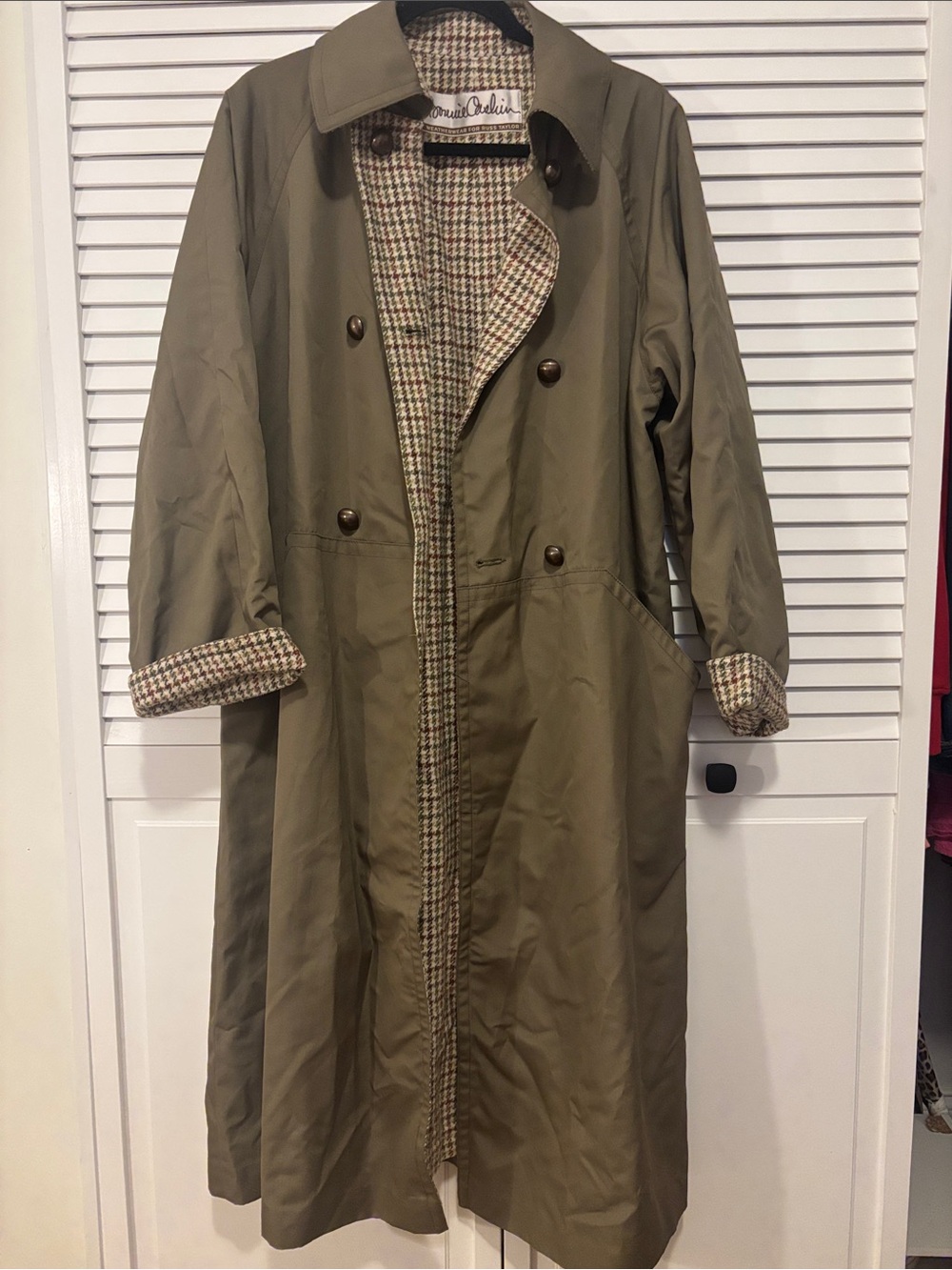 Vintage Bonnie Cashin Double-Breasted Trench Coat with Houndstooth Trim